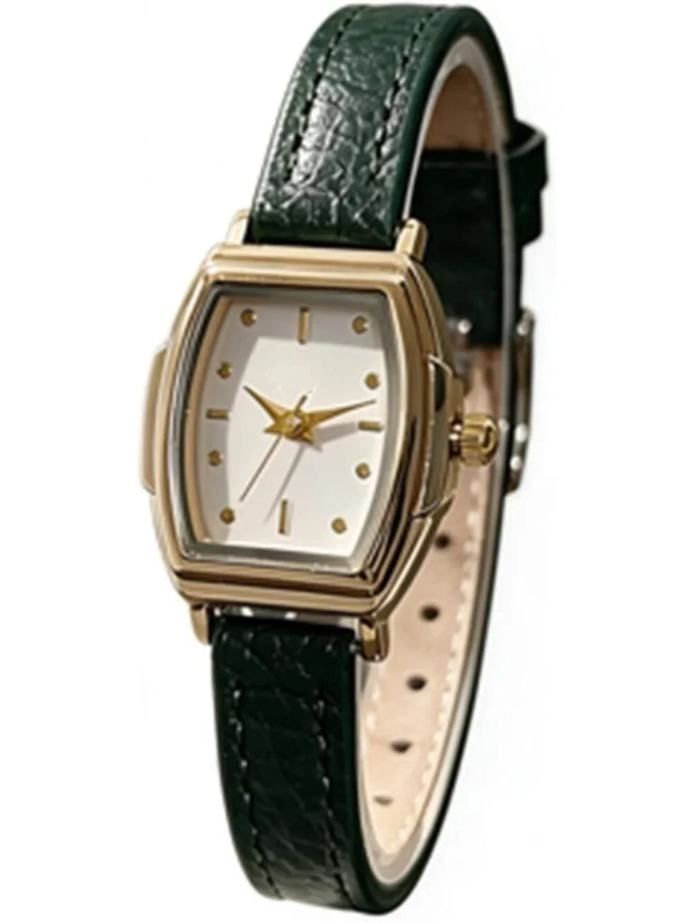 Women's Green Rectangular Case Metal Case Simple Dial Leather Strap Wrist Watch
